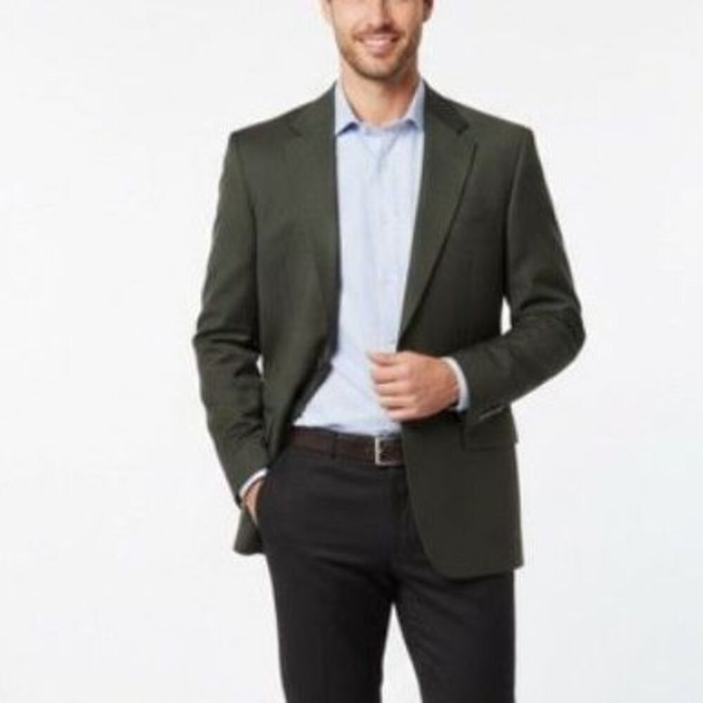 Hickey Freeman Mens Dark Green Wool Two Button Front Classic Suit Jacket Sz 44R
